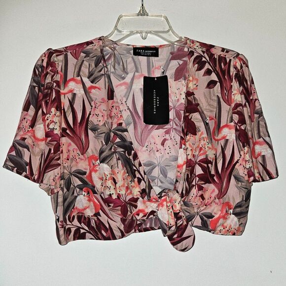 Zara Tops - ZARA Pink Floral and Flamingo Front Tie Crop Top Small